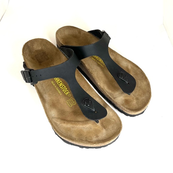 Birkenstock Shoes - Birkenstock Gizeh Black Leather & Cork Thong Sandals Womens Size 9 EUC